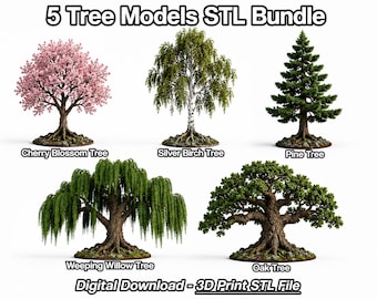 May include: A 5 Tree Models STL Bundle digital download featuring five distinct 3D print STL files: a pink Cherry Blossom Tree, a white-barked Silver Birch Tree, a green Pine Tree, a drooping Weeping Willow Tree, and a broad-canopied Oak Tree.