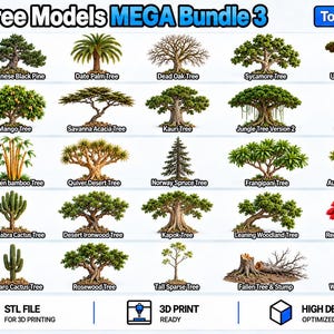 May include: A digital catalog titled STL Tree Models MEGA Bundle 3 by TomlinsonPrints, displaying 25 distinct tree and plant illustrations organized into five packs. Each entry features a labeled graphic of various species, including pines, palms, and cacti, alongside icons indicating STL file format, 3D print readiness, and high detail optimization.