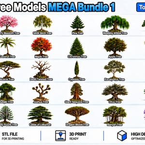 May include: A digital catalog titled STL Tree Models MEGA Bundle 1 by TomlinsonPrints, displaying 25 distinct tree species organized into five packs. Each entry features a realistic tree illustration with its name, including cherry blossom, oak, and baobab.