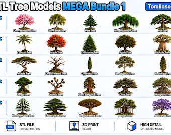 May include: A digital catalog titled STL Tree Models MEGA Bundle 1 by TomlinsonPrints, displaying 25 distinct tree species organized into five packs. Each entry features a realistic tree illustration with its name, including cherry blossom, oak, and baobab.