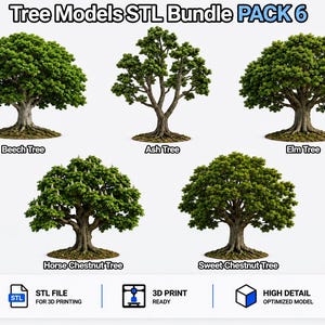 Könnte beinhalten: Eine digitale Sammlung mit dem Titel Tree Models STL Bundle PACK 6 von TomlinsonPrints, die fünf verschiedene 3D-Baummodelle enthält: Buche, Esche, Ulme, Rosskastanie und Edelkastanie, alle für den 3D-Druck konzipiert.