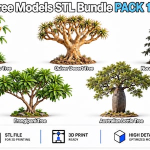 Peut inclure: Une collection numérique intitulée Tree Models STL Bundle PACK 13 par TomlinsonPrints présentant cinq modèles d'arbres imprimables en 3D : un bambou doré, un arbre carquois, une épicéa de Norvège, un frangipanier et un arbre bouteille australien.