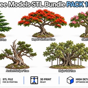 May include: Tree Models STL Bundle PACK 10 by TomlinsonPrints featuring five 3D printable tree designs: a Norfolk Island Pine, a Royal Poinciana Tree, a Silk Floss Tree, an Ancient Juniper Tree, and a Major Oak Tree, all optimised for 3D printing.