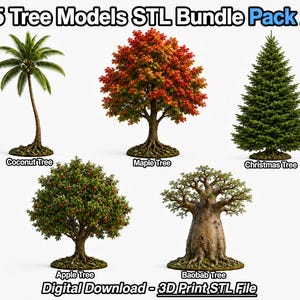 Könnte beinhalten: Ein digitales Bündel von 5 Baummodellen für den 3D-Druck, beschriftet als 5 Tree Models STL Bundle Pack 2. Das Set enthält eine Kokospalme, einen Ahornbaum mit roten und orangen Blättern, einen grünen Weihnachtsbaum, einen Apfelbaum und einen Baobab.