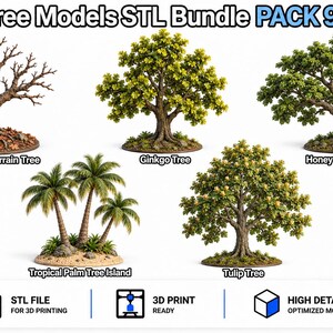 Könnte beinhalten: Eine digitale Sammlung mit dem Titel Tree Models STL Bundle PACK 9 von TomlinsonPrints, die fünf 3D-druckbare Baummodelle enthält: eine Herbst-Eiche, einen Ginkgo, einen Lederhülsenbaum, eine tropische Palmeninsel und einen Tulpenbaum.