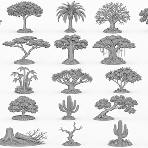 May include: A collection of twenty-five miniature gray plastic trees and desert plants, including various deciduous trees, conifers, palm trees, cacti, and a fallen log, all featuring detailed textures and individual circular bases for tabletop gaming.