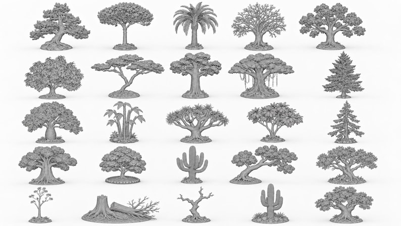 May include: A collection of twenty-five miniature gray plastic trees and desert plants, including various deciduous trees, conifers, palm trees, cacti, and a fallen log, all featuring detailed textures and individual circular bases for tabletop gaming.