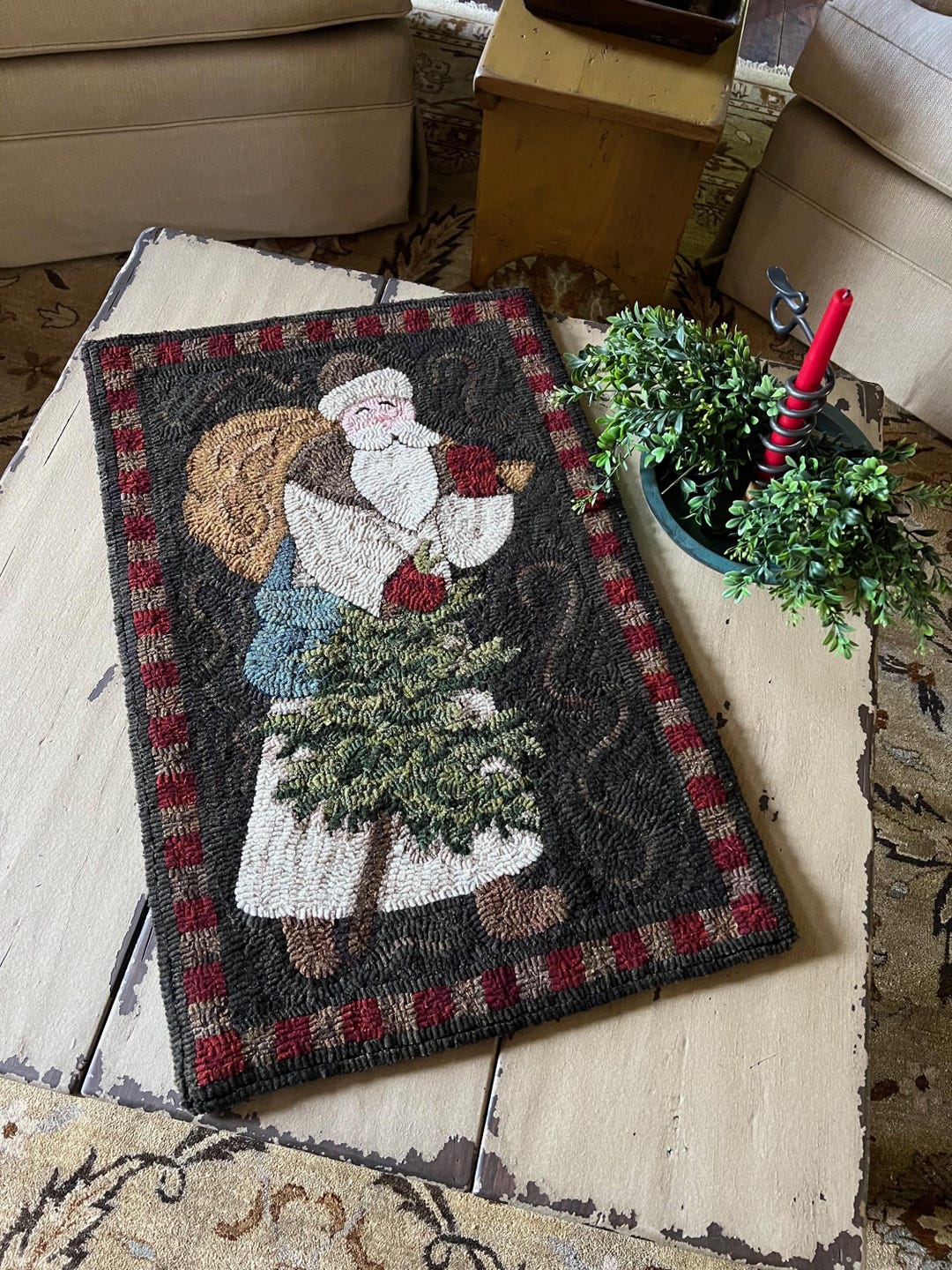 Hand-hooked Woodland Santa Rug - Etsy