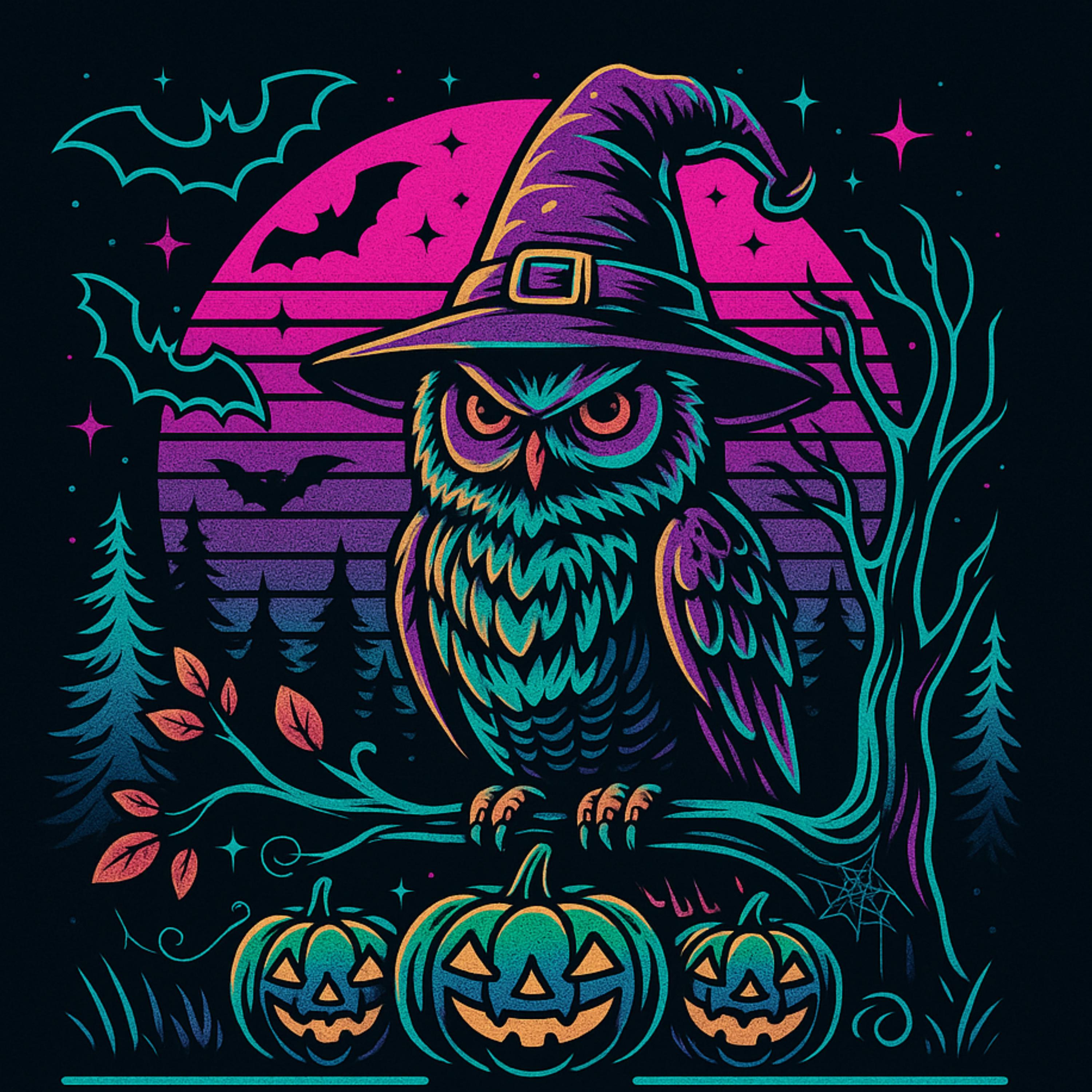 Retro Neon Halloween Owl PNG