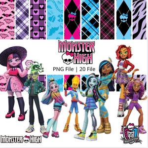 Può includere: Un file PNG digitale con il logo Monster High e vari personaggi di bambole. L'immagine include sfondi a motivi con pipistrelli, cuori e motivi scozzesi in rosa, viola e blu. Le bambole sono in varie pose.