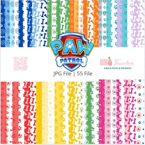 Puede incluir: Una colección de papeles digitales coloridos con patrones temáticos de Paw Patrol. Los diseños incluyen huellas de patas, huesos y otros gráficos relacionados en varios colores. El logotipo de Paw Patrol se muestra de forma destacada.