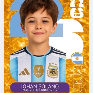 Puede incluir: Una tarjeta coleccionable Panini con un joven jugador de fútbol llamado Johan Solano. La tarjeta muestra un retrato, la bandera de Argentina, el emblema FIFA World Champions 2022 y el texto: JOHAN SOLANO, 9-8-2004, 1.88M, 82KG, RIVER PLATE (ARG).