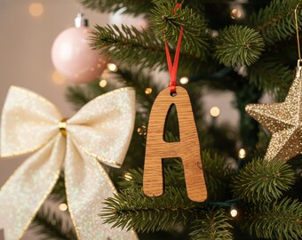 Personalised Initial Christmas Bauble – Oak Wood Letter Ornament