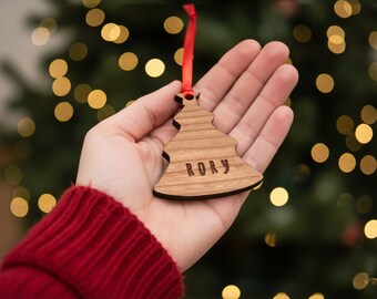 Personalised Christmas Tree Gift Tag – Cherry Wood Name Tag with Optional Back Message