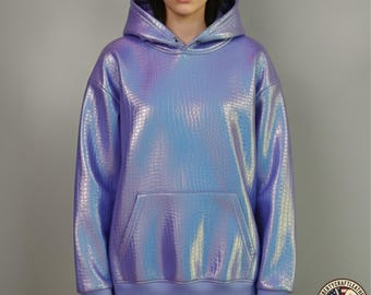 Customizable Hoodie 3D Holographic Iridescent Faux Leather Design