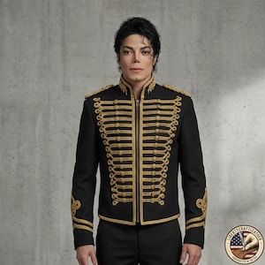 Michael Jackson Hussarjacka, Herr Svart Ytterkläder i Ull Militärparad, Skräddarsydd Trummisgåva