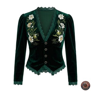 Groen fluwelen vest dames bloemen geborduurde kanten top vintage gotische cottagecore blousejas