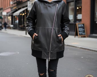 Handmade Leather Hoodie Jacket: Women's Fleece Hood Biker Coat