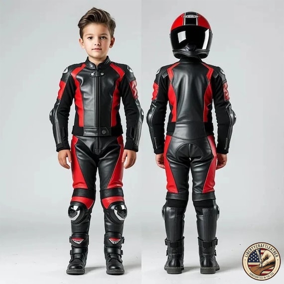 Kids Leather Motorcycle Suit Black Red Custom Bike Racing Suit with Safety Pads