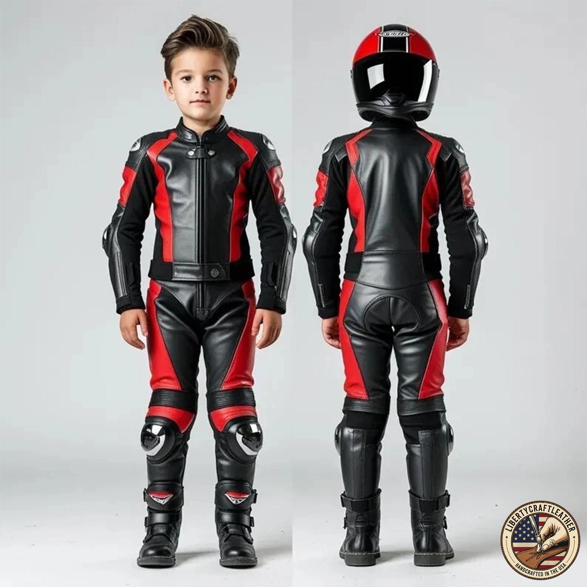 Kids Leather Motorcycle Suit Black Red Custom Bike Racing Suit with Safety Pads