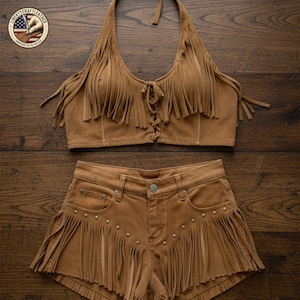 Leather Fringe Outfit for Women | Handmade Western Boho Set | Custom Sizes