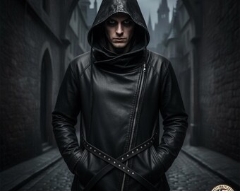 Handmade Black Leather Gothic Hoodie | Steampunk Hooded Jacket