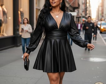 Black Leather Mini Dress with Puff Sleeves – Lace-Up Goth Cocktail Party Dress