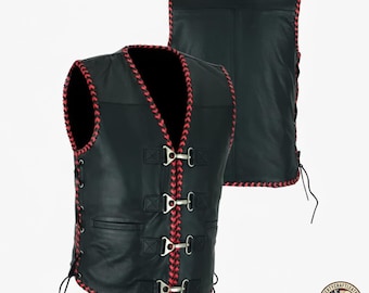 Men’s Black Red Leather Motorcycle Vest | Biker Rider Sleeveless