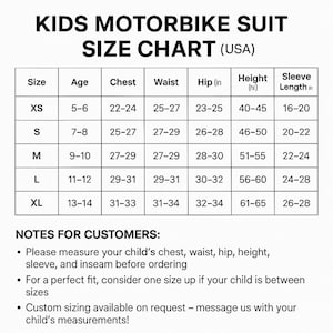 May include: A size chart for kids' motorbike suits, with measurements in inches. The chart includes sizes XS to XL, detailing chest, waist, hip, height, and sleeve length for ages 5-14. Notes advise measuring children before ordering.