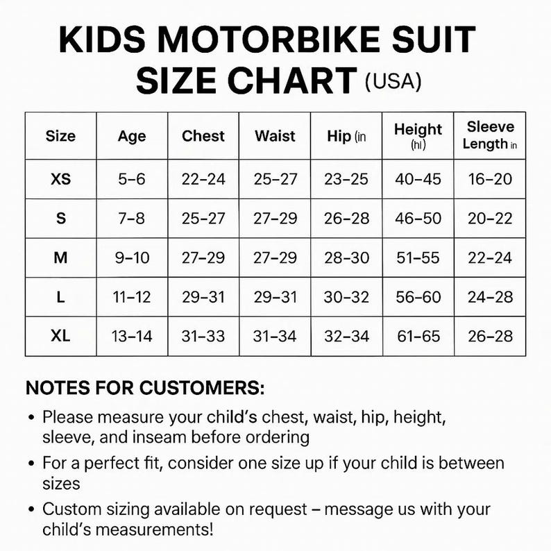 May include: A size chart for kids' motorbike suits, with measurements in inches. The chart includes sizes XS to XL, detailing chest, waist, hip, height, and sleeve length for ages 5-14. Notes advise measuring children before ordering.