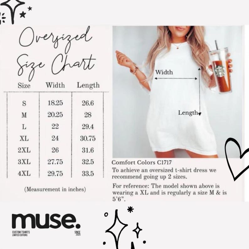 Może przedstawiać: Biała, obszerna sukienka z t-shirtu z tabelą rozmiar&oacute;w. Tabela zawiera rozmiary od S do 4XL, z wymiarami w calach. Modelka ma na sobie XL i ma 167.6 cm wzrostu. Marka "muse" znajduje się na dole.