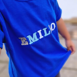 Peut inclure: T-shirt bleu roi avec le nom "EMILO" brodé sur la poitrine. Le nom est dans un mélange de couleurs, dont le bleu clair, le blanc et le gris. Le t-shirt a des manches courtes.