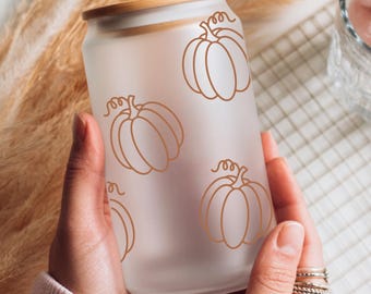 Pumpkin Glass Can Coffee Cup With Lid and Straw, Fall Coffee Mug, Fall Season Gift Pumpkin Season Design Iced Coffee Cup, 16oz Glass Can Cup