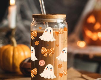 Halloween Ghosts and Flowers Glass Cup With Lid and Straw, Halloween Glass Can, Libbey Glass Can, Cute Halloween Glass Cups, Spooky Pumpkins