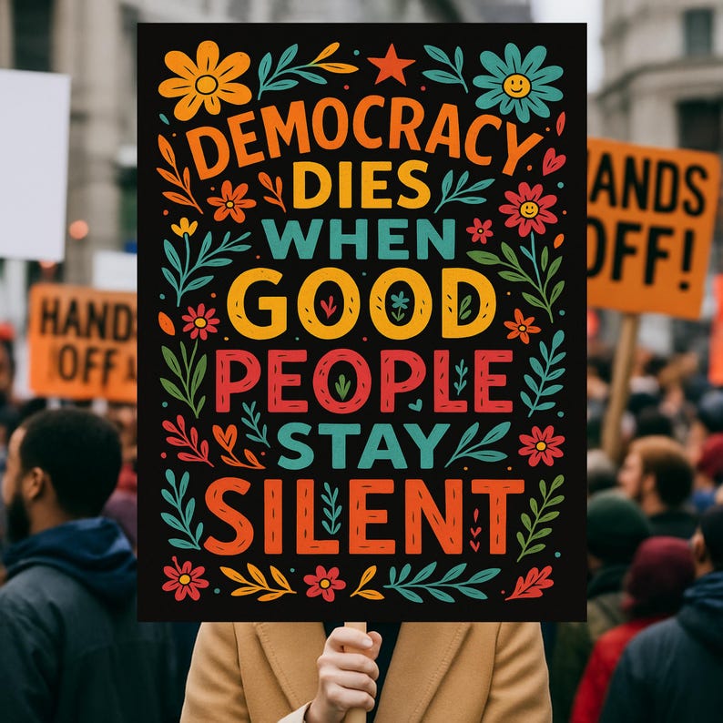 K&ouml;nnte beinhalten: Ein schwarzes Schild mit den Worten "DEMOCRACY DIES WHEN GOOD PEOPLE STAY SILENT" in bunten Buchstaben. Das Schild ist mit Blumen und Bl&auml;ttern verziert. Im Hintergrund sind weitere Schilder und Personen zu sehen.