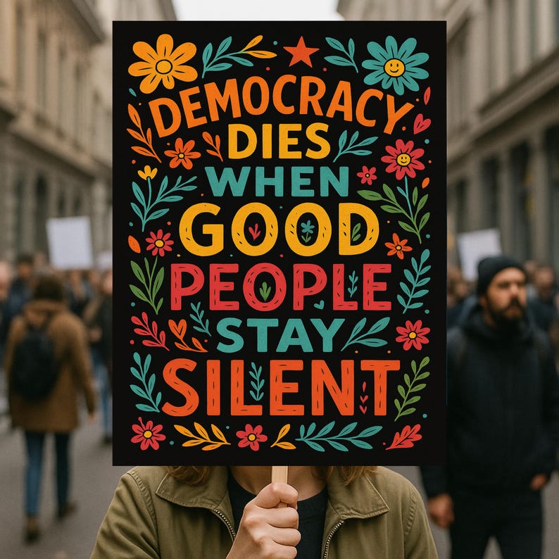 K&ouml;nnte beinhalten: Ein schwarzes Schild mit den Worten "DEMOCRACY DIES WHEN GOOD PEOPLE STAY SILENT" in bunten Buchstaben. Das Schild ist mit Blumen- und Blattmotiven verziert. Das Schild wird in einer Menschenmenge hochgehalten.