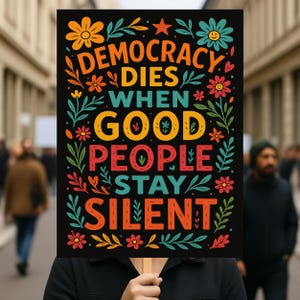 K&ouml;nnte beinhalten: Ein schwarzes Protestschild mit dem Text "DEMOCRACY DIES WHEN GOOD PEOPLE STAY SILENT" in Orange, Gr&uuml;n und Gelb. Das Schild ist mit floralen und Blattmustern verziert. Das Schild wird vor einer Menschenmenge gehalten.