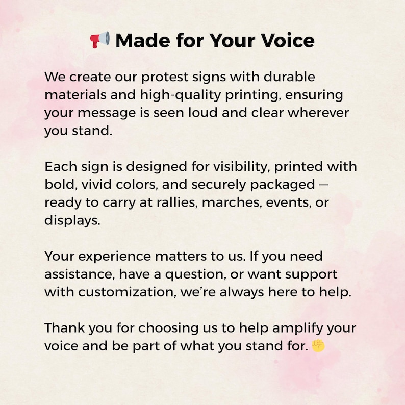 K&ouml;nnte beinhalten: Text auf rosa Hintergrund: "Made for Your Voice". Der Text beschreibt Protestschilder aus langlebigen Materialien und hochwertigem Druck f&uuml;r Sichtbarkeit bei Kundgebungen und Veranstaltungen. Er erw&auml;hnt auch den Kundensupport.