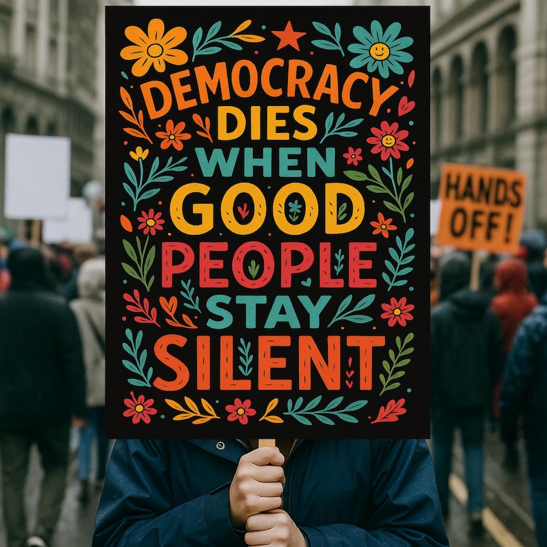 K&ouml;nnte beinhalten: Ein schwarzes Schild mit den Worten "DEMOCRACY DIES WHEN GOOD PEOPLE STAY SILENT" in bunten Buchstaben. Das Schild wird in einer Menschenmenge hochgehalten. Florale und Blattmotive umgeben den Text.