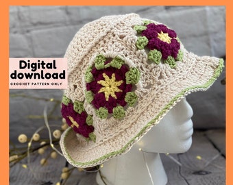 90s crochet bucket hat pattern, summer hats, granny square trendy crochet hat pattern for men and women, trendy unisex cotton medium rim hat