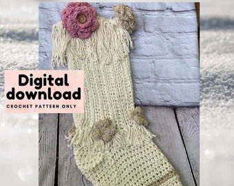 Trendy Crochet boho chic macrame Christmas Stocking Pattern with roses and flowers, instant download pdf X-mas holiday pattern, easy to read