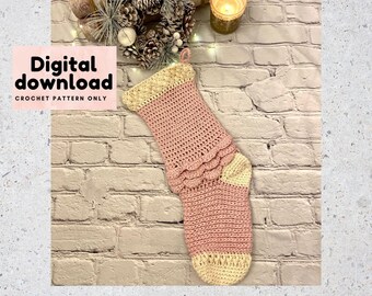 Large Boho Christmas Stocking crochet pattern, instant download, PDF US terms, step by step DIY with pictures, Xmas Sock fireplace decor