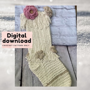 Trendy Crochet boho chic macrame Christmas Stocking Pattern with roses and flowers, instant download pdf X-mas holiday pattern, easy to read image 1