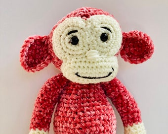 Handmade stuffed crochet monkey toy, cuddly orange monkey, large soft amigurumi crochet monkey, baby shower monkey toy, monkey theme party