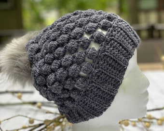 Light puffy grey beanie winter hat, fall spring crochet hat, trendy modern beanie hat with faux fur pom pom and leather tag, Christmas gift