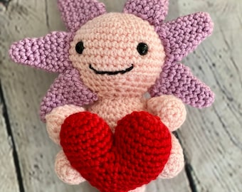 Valentine's day Axolotl plushie, crochet plush stuffed animal amigurumi , plushies salamander walking fish kawaii toy, Minecraft crochet