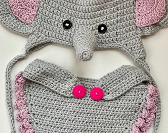 handmade crochet diaper and hat matching set, elephant crochet diaper set, newborn crochet diaper set, newborn  photo prop crochet