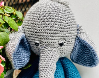 Large, handmade, soft, fluffy crochet elephant with safety eyes, stuffed toy/animal/doll, newborn child gift photo opp, amigurumi toy