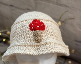 Cute 70s 90s crochet bucket hat for men and women, summer cool knit bucket hat, mushroom toadstool whimsical bucket hat, custom bucket hat