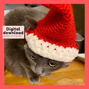 crochet pattern cat Christmas Santa hat, X&#39;mas hat kitten, cat lover instant download PDF, step by step with pictures, Beginner crochet